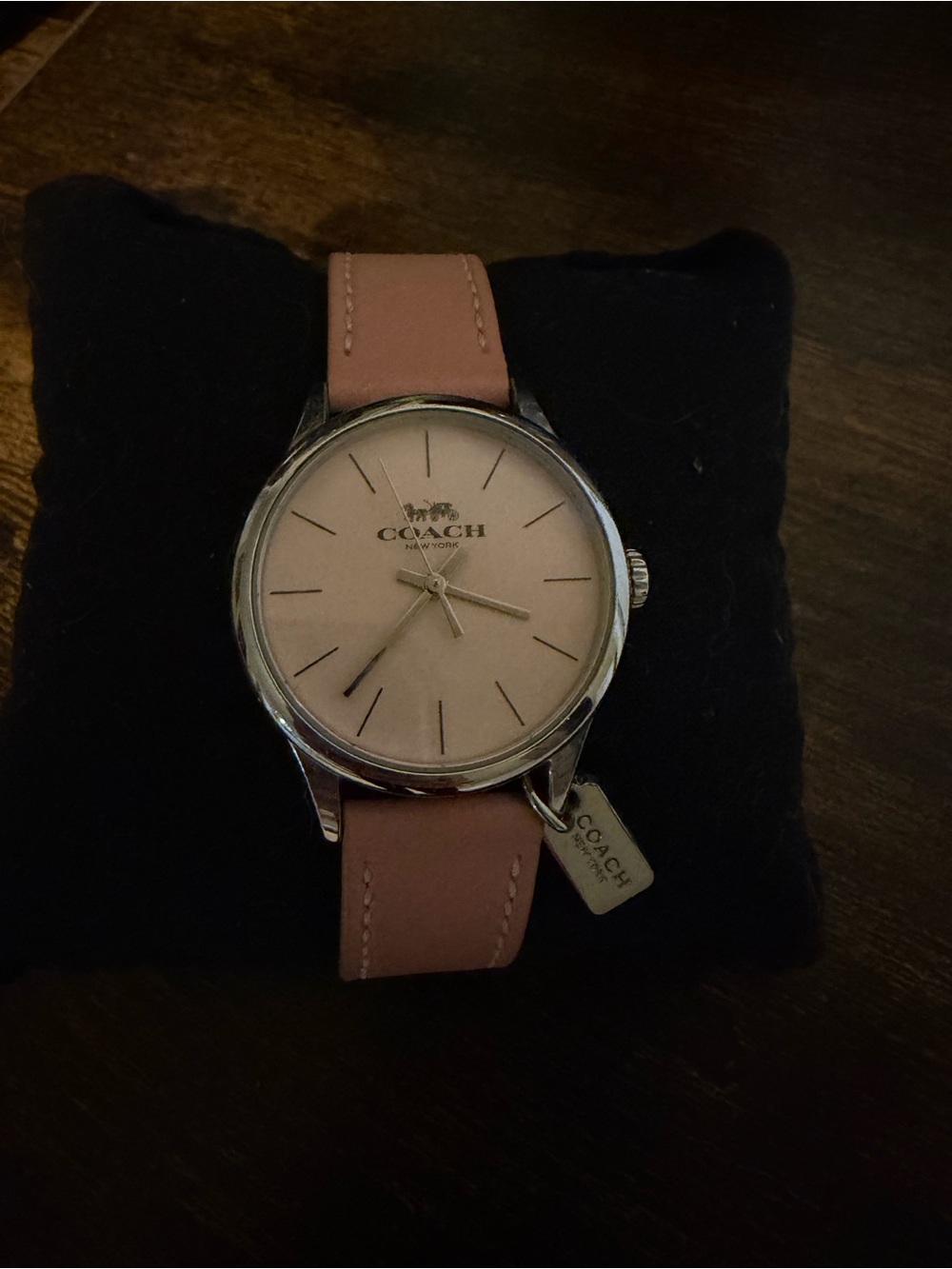 Coach Pink Leather Strap Watch with Silver-Tone Case Back